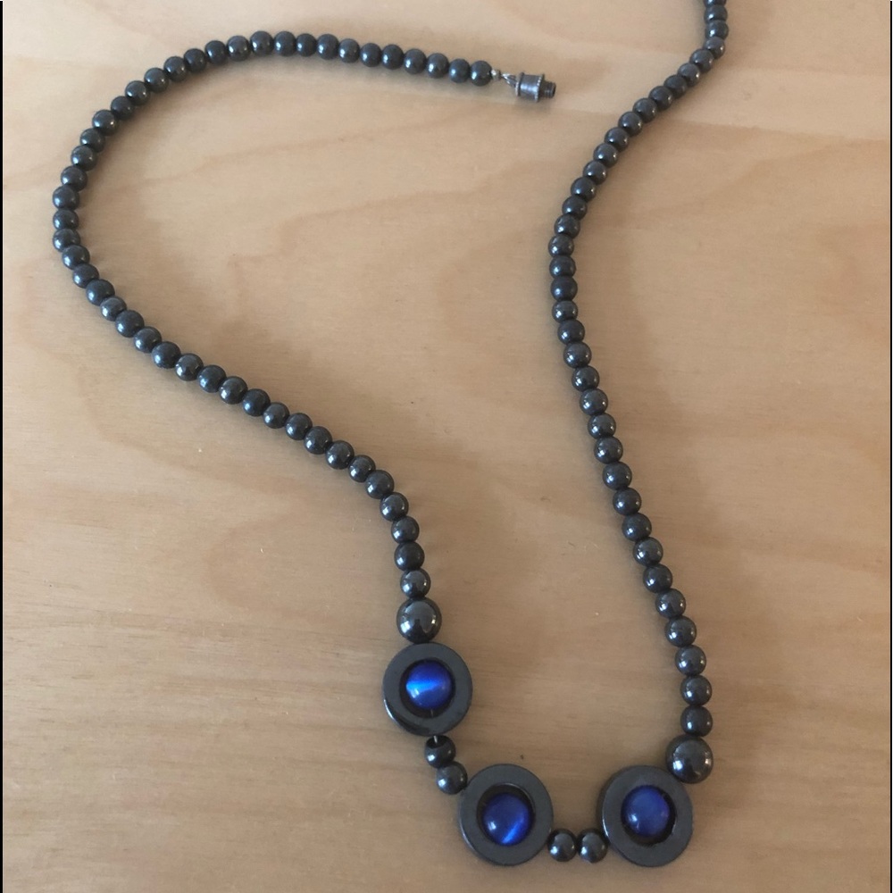 Black Pearl Necklace with Blue Stones